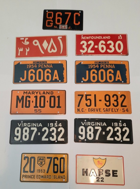 Vintage 1954/55 Wheaties Mini Bike license plates from NC, PA, MD, VA. NJ,, Etc.