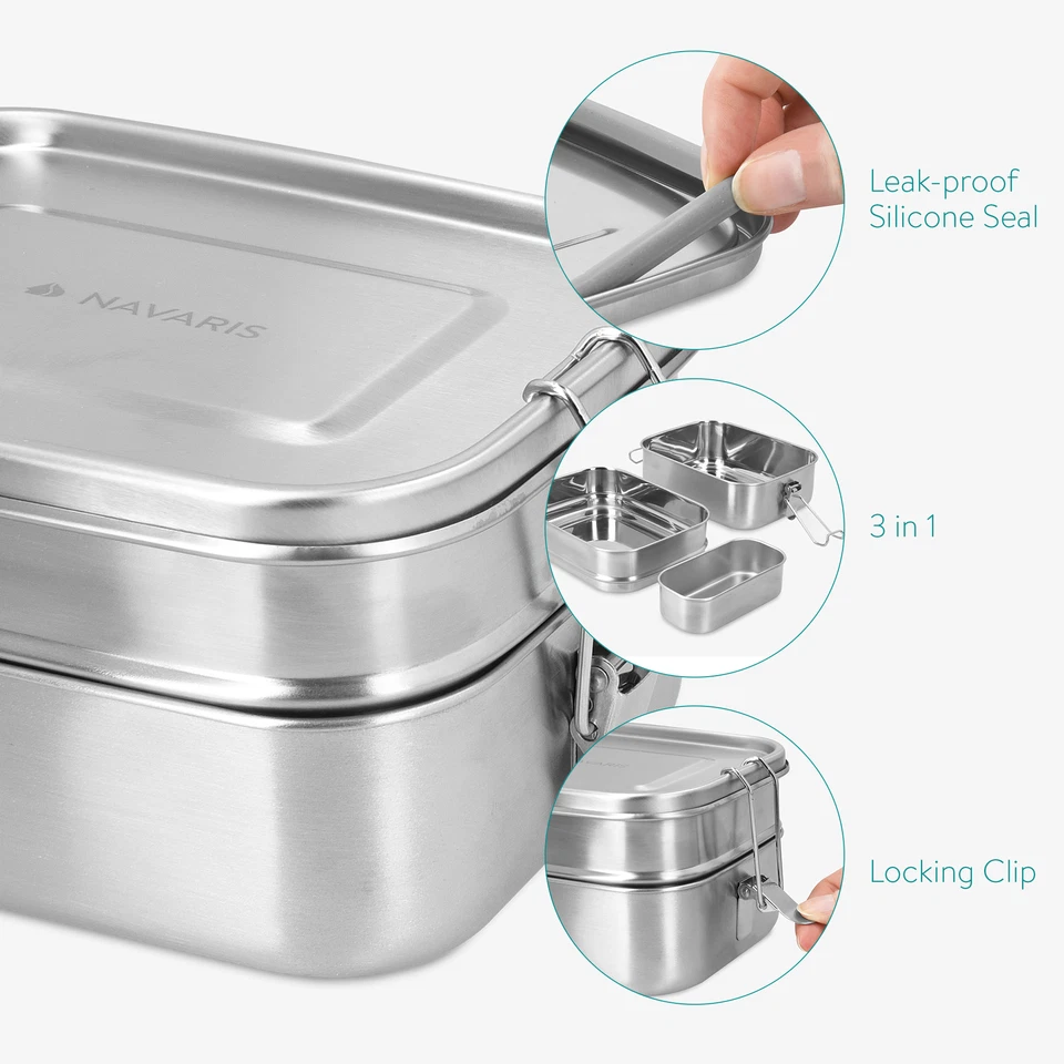Bento Box Porta Pranzo Lunchbox - 3x Scomparti Portapranzo in Acciaio - Immagine 3 di 4