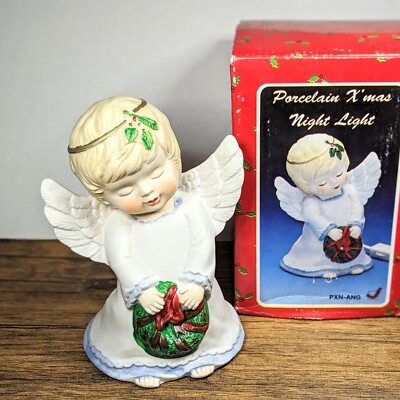 Vintage - 6½'' Night Light Cherub Porcelain Angel, Christmas Plug In Works