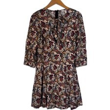 Forever 21 Boho Peasant Dress Floral Print Tie Neck Fit & Flare Sz MD Cottage