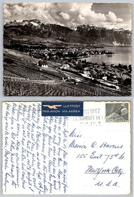 Vevey Switzerland RPPC Lake Geneva Vineyards Alps Vintage Postcard 1967