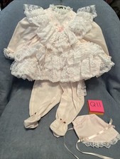 Vintage Ruffle Lace Baby Doll Dress Size 0-3mo w/ Hat  Footed Bloomers Q11