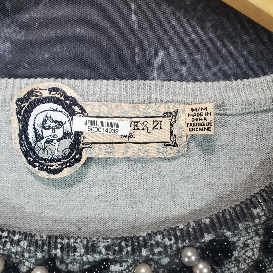 Forever 21 Sweater Womens Medium Gray Lace Pearl Beaded Whimsey Goth Boho Top - Image 3 of 4