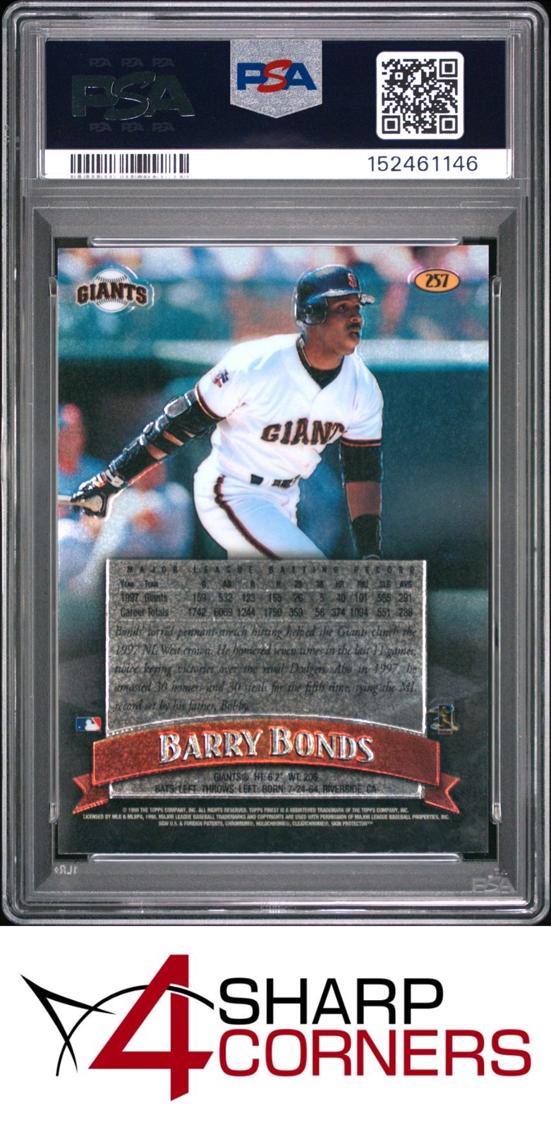 1998 FINEST #257 BARRY BONDS GIANTS PSA 10 view 2