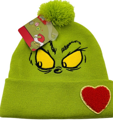 NEW How Grinch Stole Christmas Dr. Seuss Green Christmas Beanie Hat Heart Pom