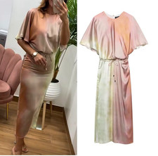 ZARA Pink Green Satin Effect Tie Dye Midi Dress Size S Holiday Wedding 3206/300