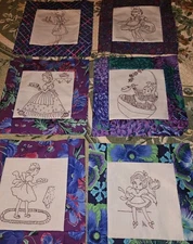 Lot Of 6 OOAK Kaffe Fassett Borders VTG Purple Embroidered Quilt Blocks 12.5" Ea