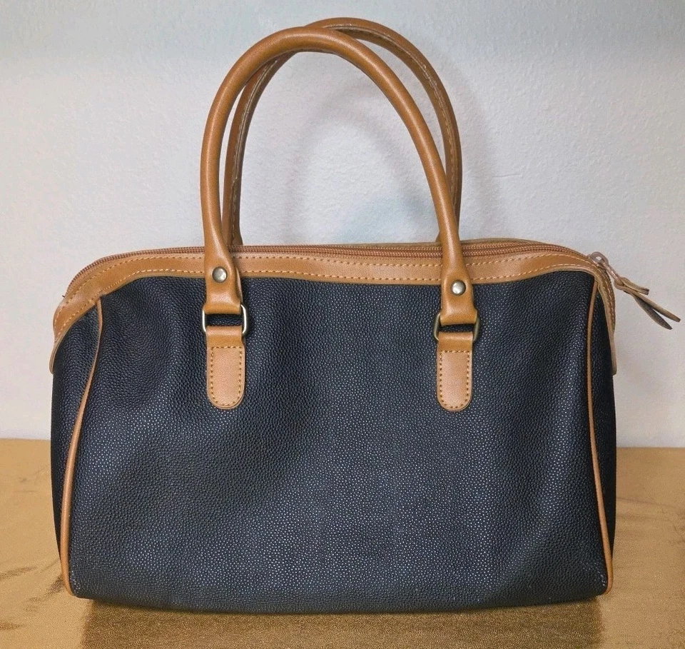 ESPRIT Vintage 90s Black Tan Pebbled Leather Logo Handbag Purse 2 Handle Bag - Image 4 of 4