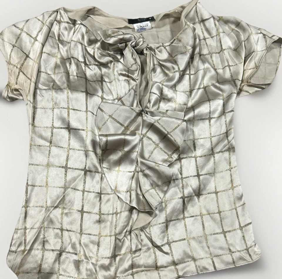 Blusa Etro Mezcla Seda 42 EE. UU. 6 8 Dorado Metálico Cuadros Lazo Volantes Italia Top Lujo Foto 4 de 4