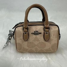 Coach Mini Rowan Bag Charm In Signature Canvas Silver/Sand/Taupe CX068 NWT