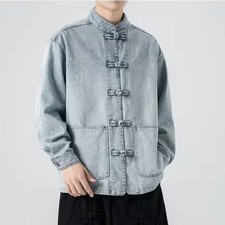 Men Casual Denim Jacket Mandarin Collar Frog Button Chinese Blouse Hanfu