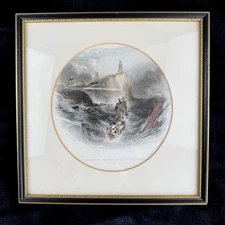 Rare Antique Engraving Tynemouth Priory Lighthouse StormC. Balmer E. Finden prin