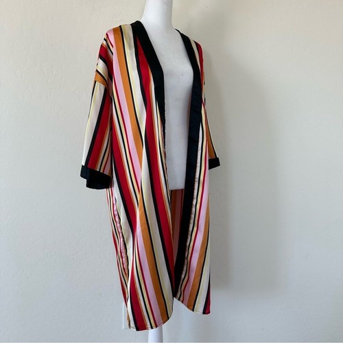 F21 Colorful Bold Striped Long Line Short Sleeve Open Front Satin Kimono Small - Picture 2 of 6