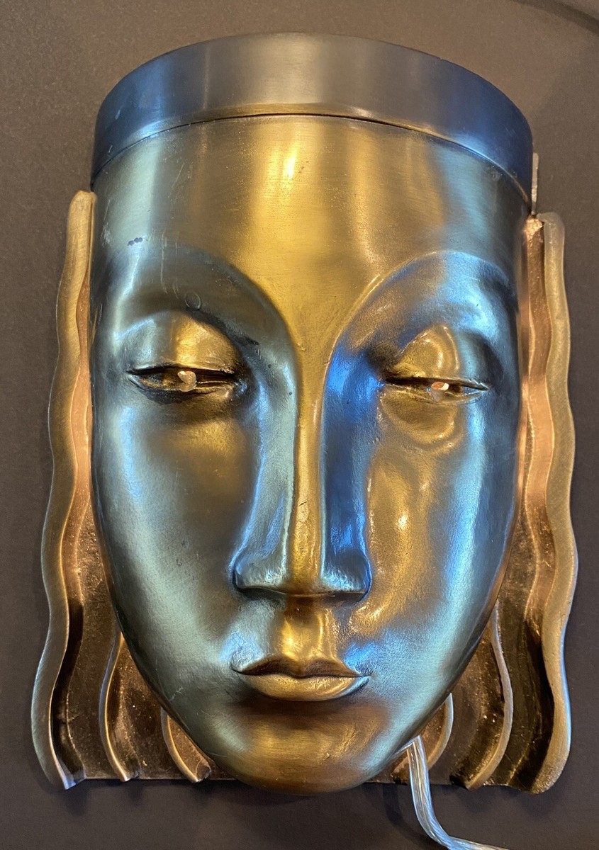 Vintage 1980s Art Deco Woman Wall Sconce Face Aluminum