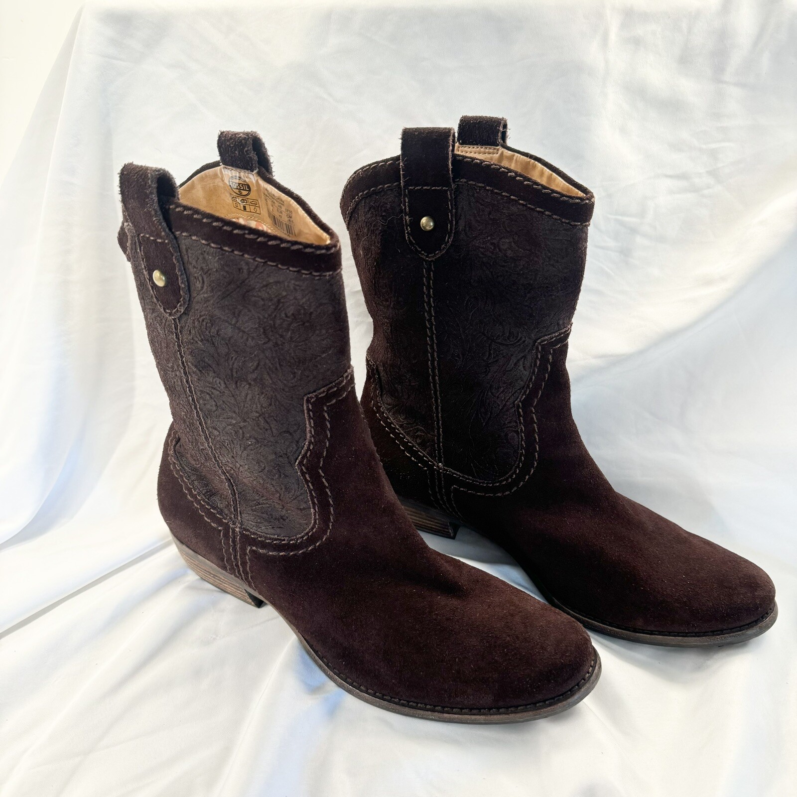 Fossil Brand Suede Boots Mid Calf Low Heel Women’s Size 10 EUC Dark Brown
