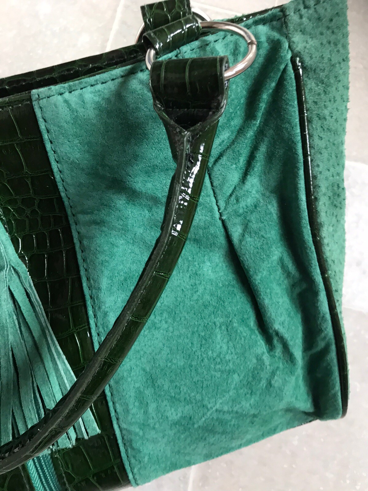QVC green suede and mock croc patent Tassel handbag By FE medium New eBay