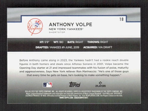 2023 Topps Flagship Collection #18 Anthony Volpe New York Yankees - Foto 2 di 2