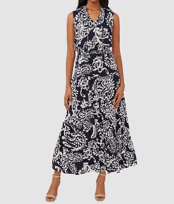 MSK Womens Blue Printed Smocked Tiered Self-Tie Split-Neck Maxi Dress Size L
