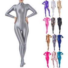 Womens Opaque Glossy Jumpsuits High Stretch Long Sleeve Full Unitard Bodysuit