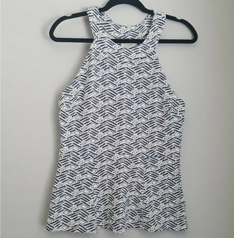 Deletta Halter top Sz M blue ivory Multicolor textured peplum Jacquard knit Foto 2 de 4