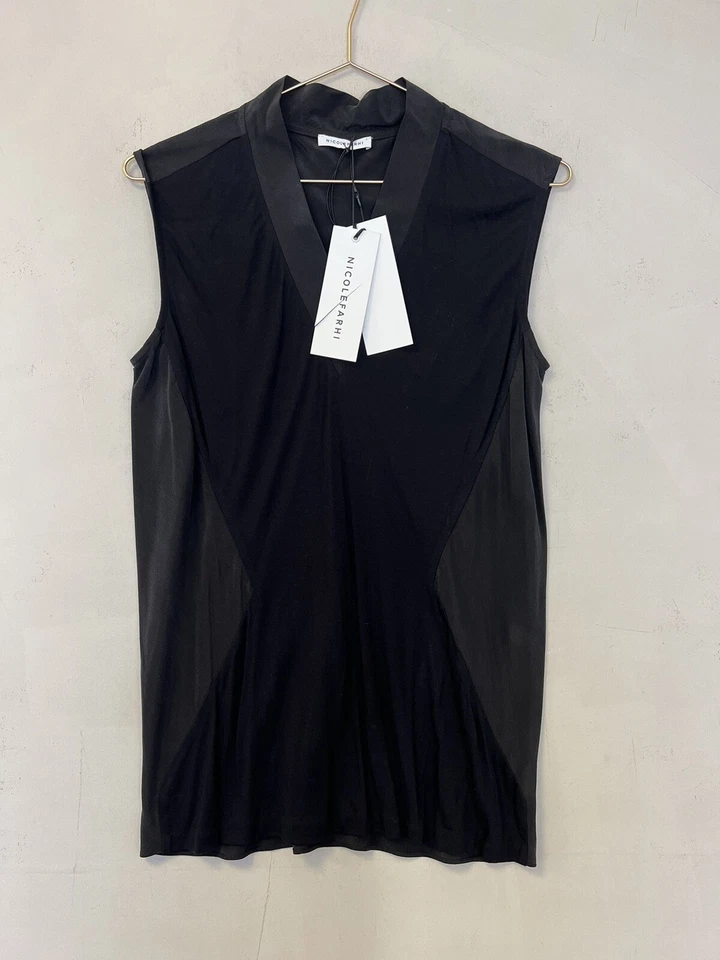 Camiseta sin mangas Nicole Farhi cuello en V con panel de seda negra talla pequeña Foto 4 de 4
