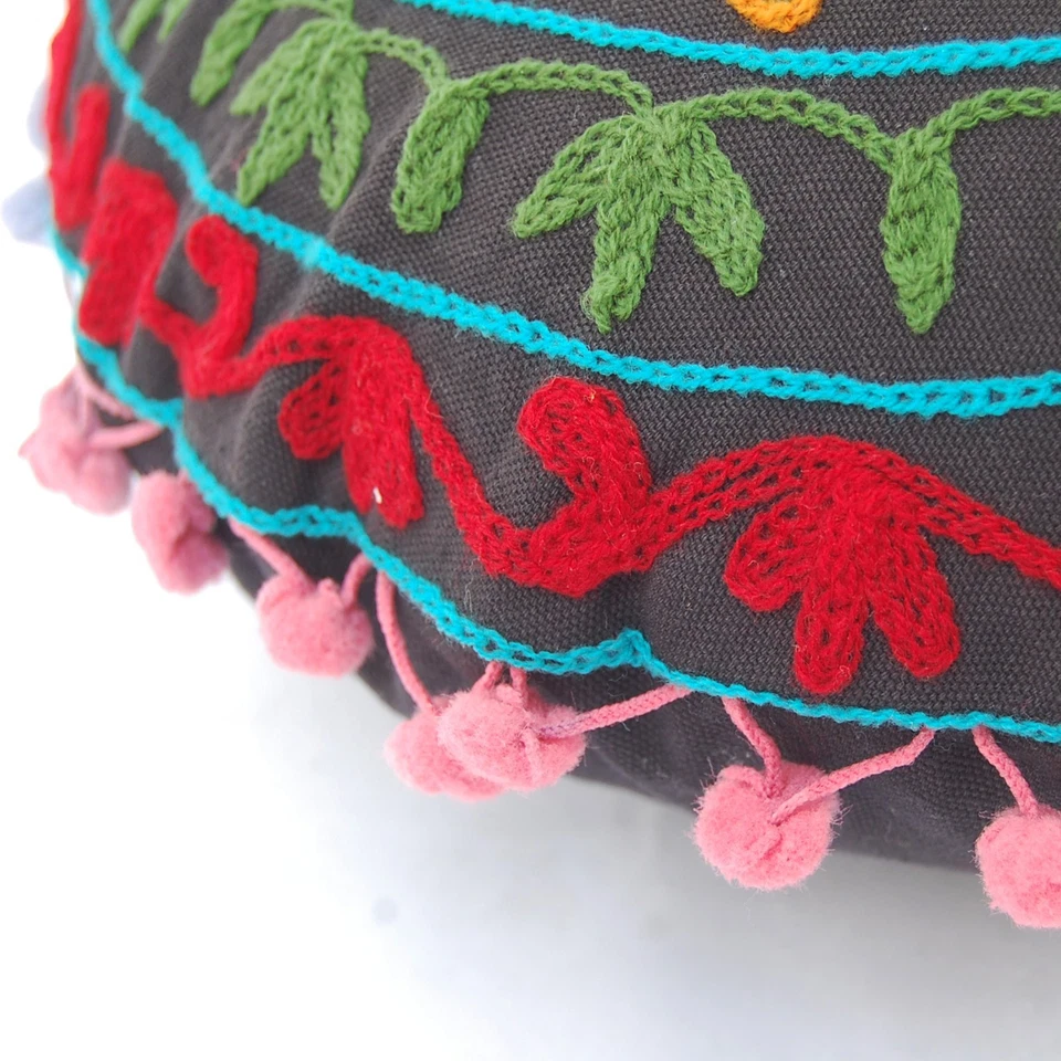 Ethnic Floral Round Embroidered Suzani Floor Cushion Cover Pom Pom Cotton 16" - Image 3 of 4
