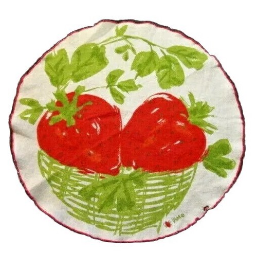 VINTAGE VERA NEUMANN PRINTED LINEN ROUND DOILY 16" STRAWBERRIES MID CENTURY - Picture 1 of 8