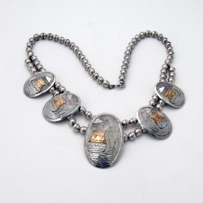 Navajo Necklace Applied Gold Pottery Motifs Sterling Silver