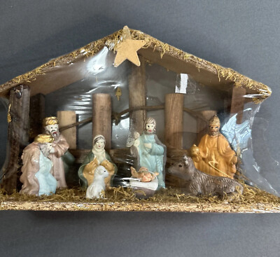 Nativity Set Wooden Crèche All In One Ceramic Figures 7 x 11 New In Package