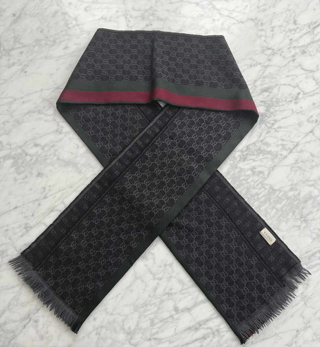 Gucci GG Logo Wool & Silk Scarf in Charcoal with Classic Web Gucci GG Logo Wool & Silk Scarf in Charcoal with Classic Web