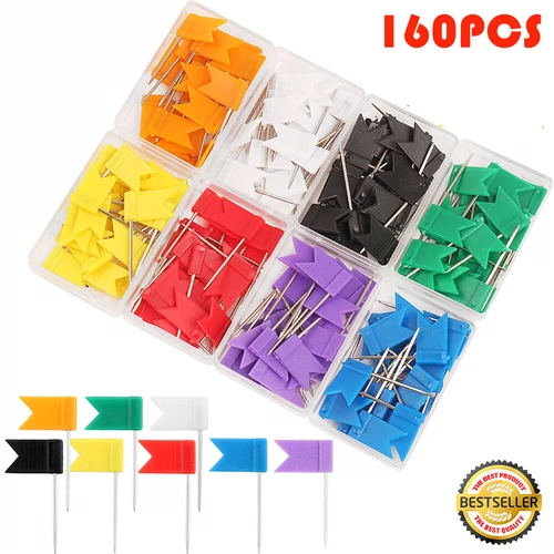 160 Push pins mix colour notice cork felt board map flag desk thumb tack drawing - Picture 1 of 10