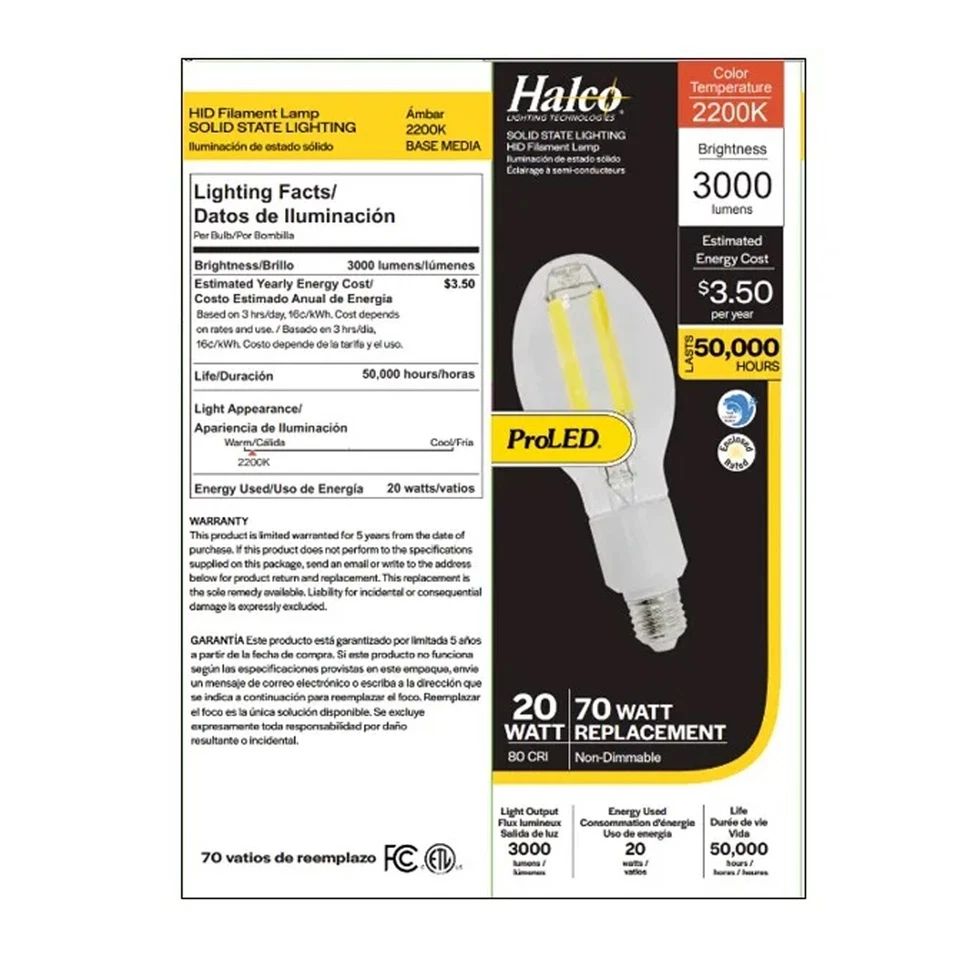 Halco 84900 ED23.5 LED Filament Bulb 20W 3000lm 2200K 120-277V Medium Base - Image 2 of 3