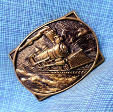 Steam Engine Brass Belt Buckle Railroad Train Locomotive Vtg 80s BTS USA .QRT765