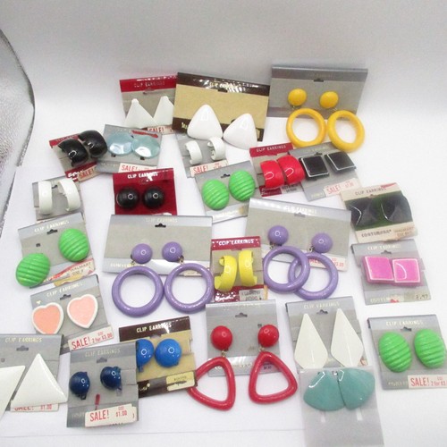 Clip-On Earrings Lot 25 Pair New Old Stock 70s Warehouse Find Colorful Plastic
