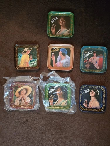 VTG RARE FULL SET 7X COCA COLA COASTERS ITALY RETRO GIRLS METAL TIN TRAY PAD