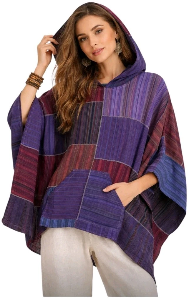 Yak & Yeti Patchwork Hooded Poncho Purple Burgundy Striped Boho OS Oversized