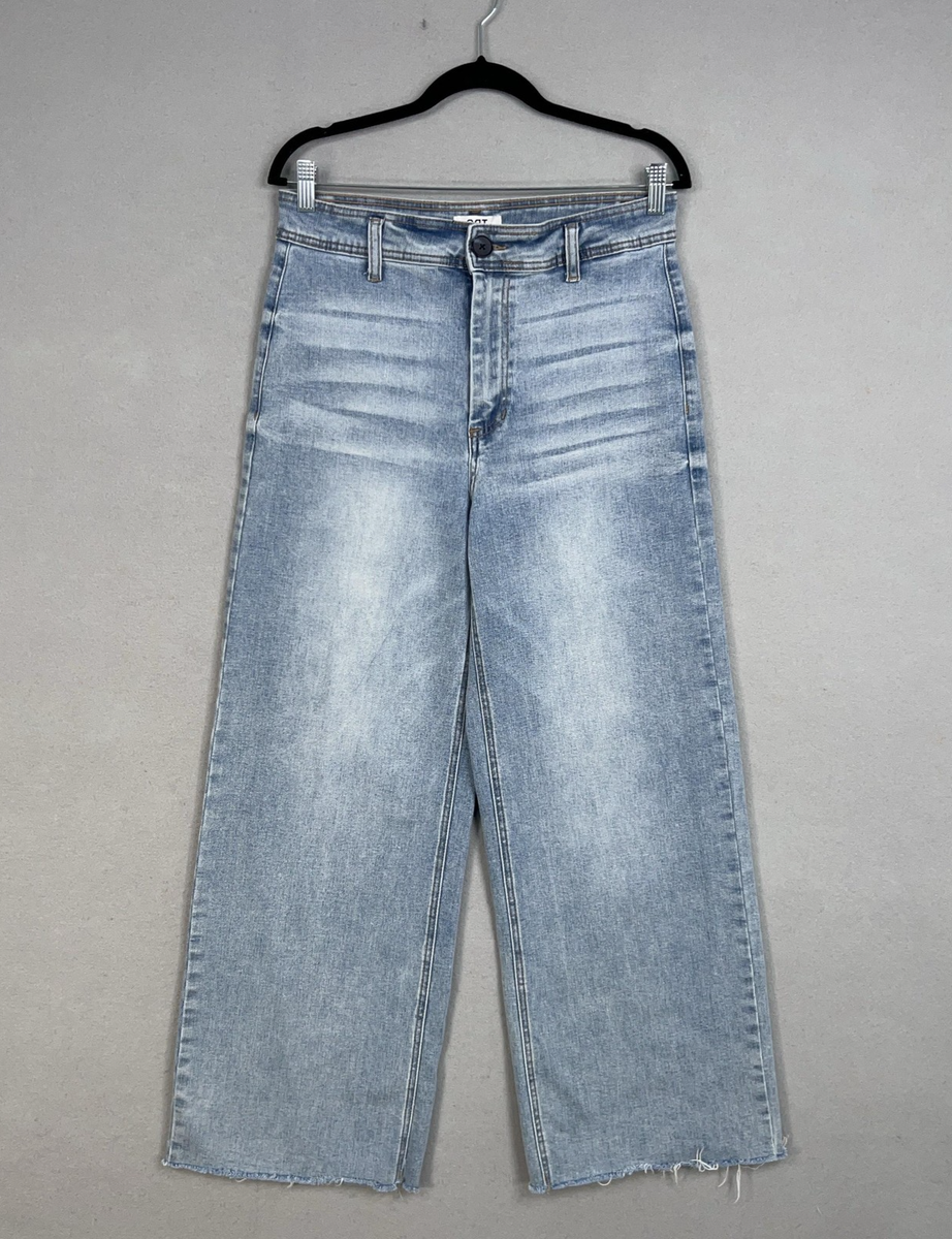 OAT New York Jeans Womens 10 Blue Wide Leg High Rise Denim Raw Hem