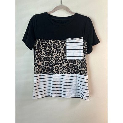 Women's S Leopard Print Striped Colorblock Pocket T Shirt Black White Stretch
