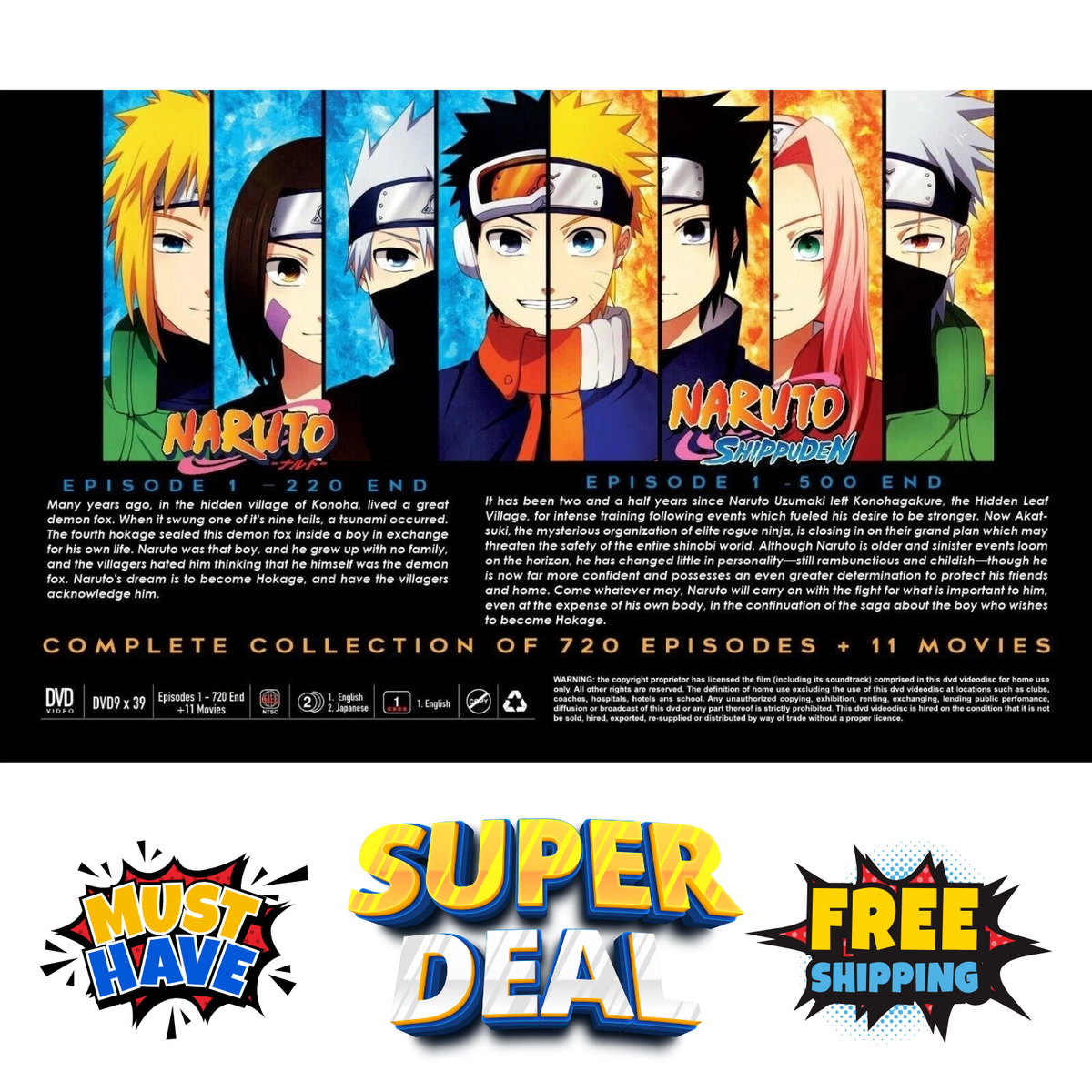 Naruto & Naruto Shippuden Complete DVD 1-720 Episodes & 11 Movies