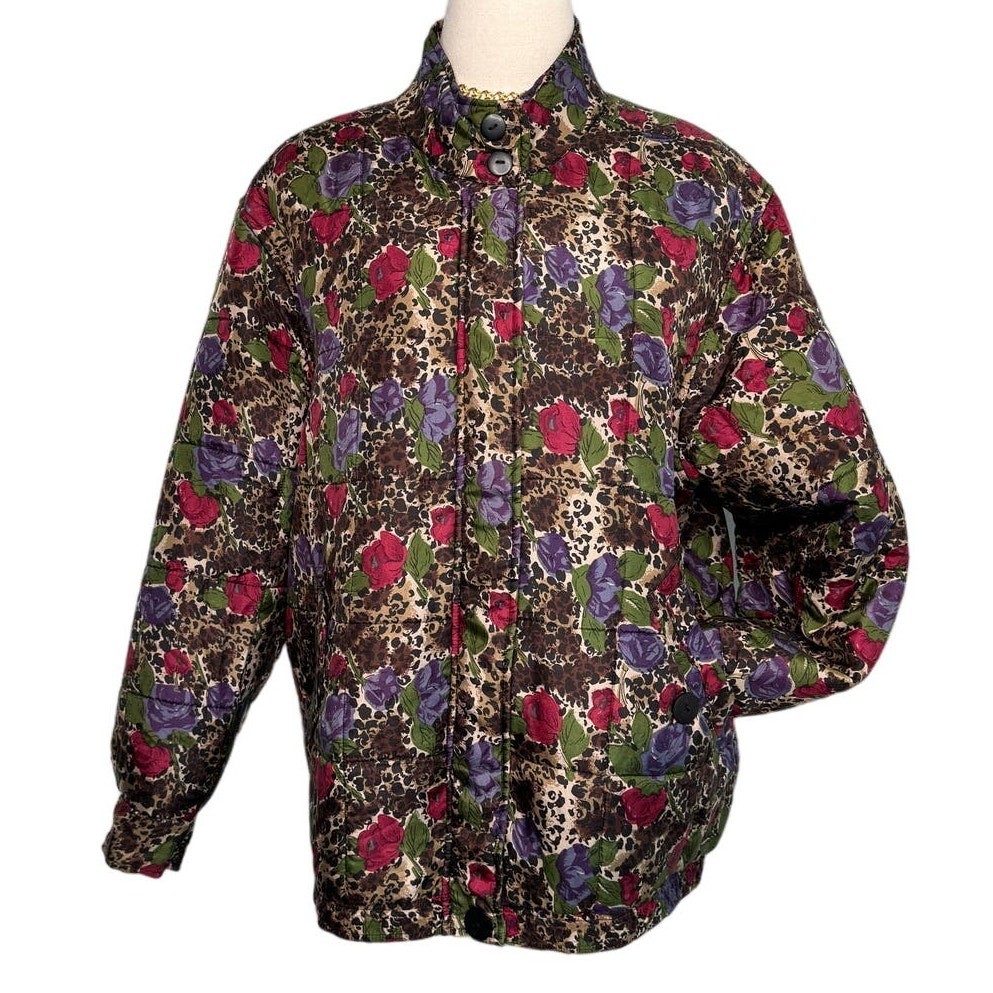 Vintage 100% silk rose floral animal print bomber jacket size medium M
