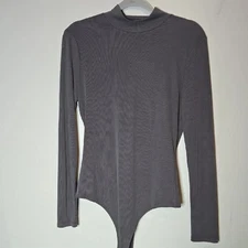 Elodie Ribbed Mock Neck Long Sleeve Bodysuit, Gray, Women's Size XL