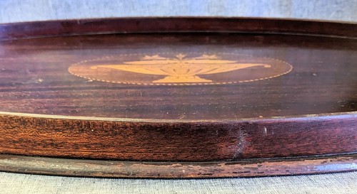 Antique EFS Oval Butler's Serving Tray Mahogany Inlaid Urn Brass Handles 14x24" - Picture 8 of 13