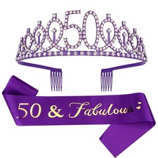 Purple 50th Birthday Decorations - 2 Piece Set, Sash  Tiara Set
