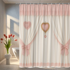 Cute Pink Heart Shower Curtain with Ruffle and Bow Accent