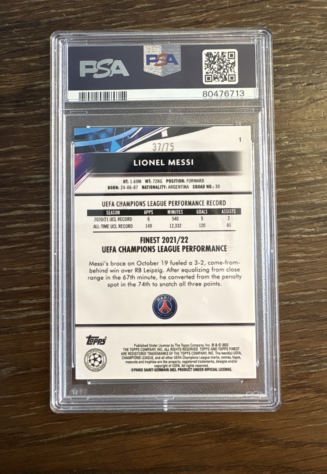 2021-22 Topps Finest Champions League - Lionel Messi Aqua Wave /75 PSA 9 view 2