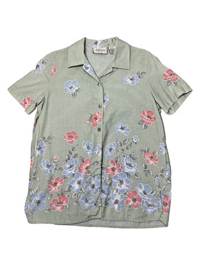 Vtg Lemon Grass Linen Cotton Blend Green Pink Floral Button Up Shirt M Short Slv