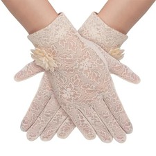 Lace Gloves - Women's Short Floral Gloves for Tea Party, Wedding, Beige White