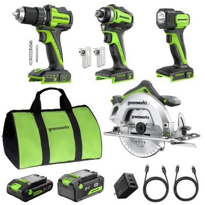 #ad GREENWORKS 24V 4 TOOL Combo 1 2” Drill 4PCS DrillImpact DriverSawLight $229.97