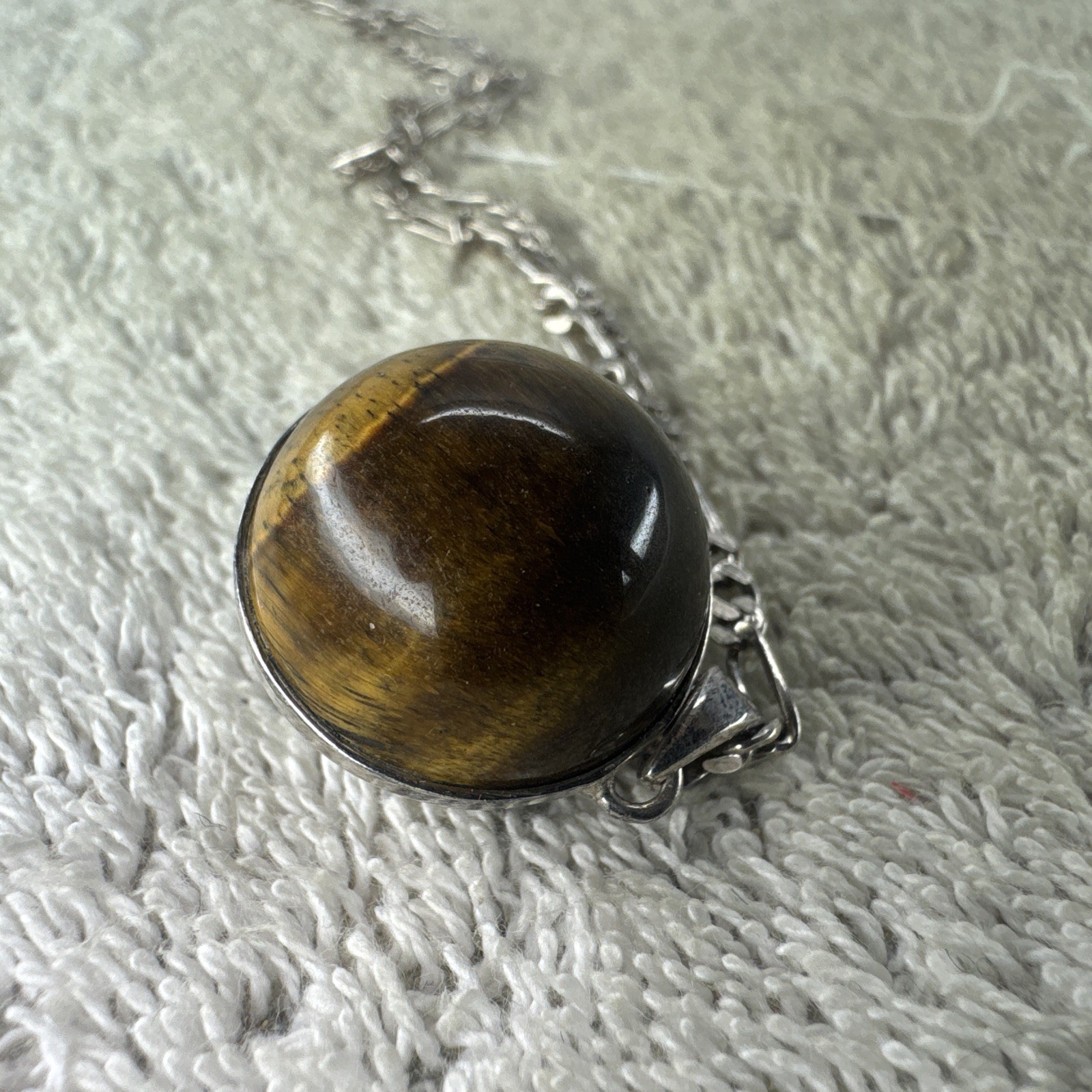 Solid Silver Mounted Tigers Eye Orb Pendant on So… - image 2