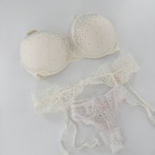Victoria's Secret Lingerie Set Women 34DD/M White Good Rhinestone Dream Angels